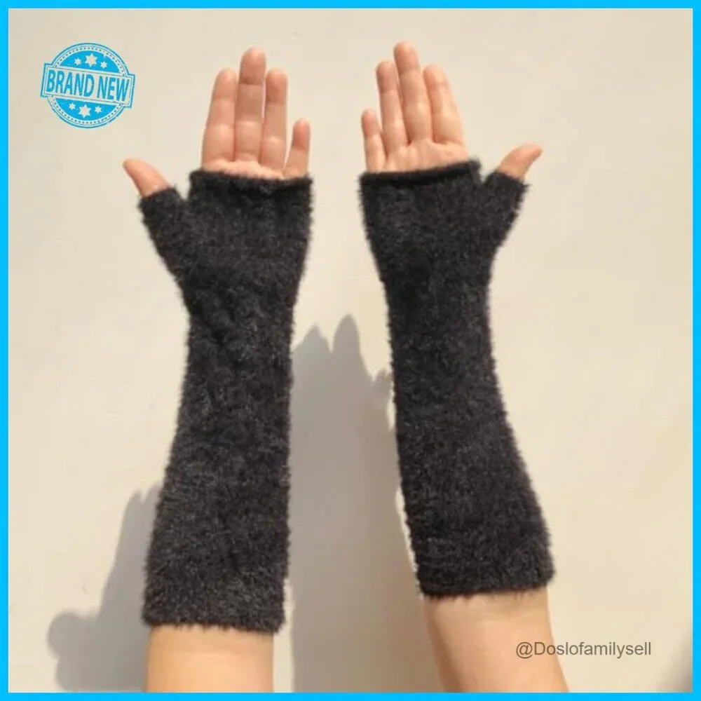 Fingerless Knit Arm Warmers Mink-Like Yarn Thumb Hole Y2K Wrist Sleeves